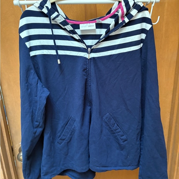 Sport Savvy Tops - Sport Savvy Navy White Striped Full Zip Hoodie Jacket Women’s XL